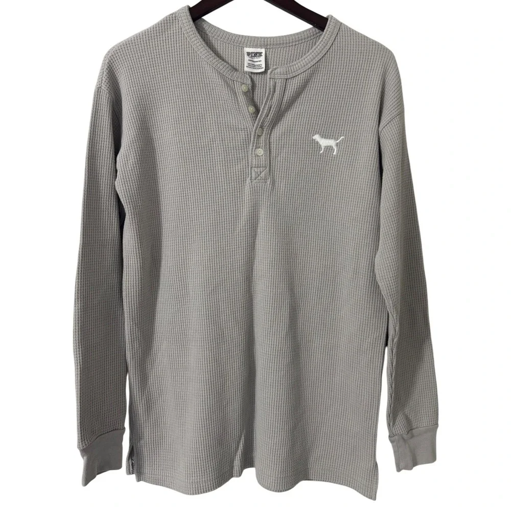 Victoria's Secret PINK Gray Waffle Knit Long‎ Sleeve Henley Shirt XS